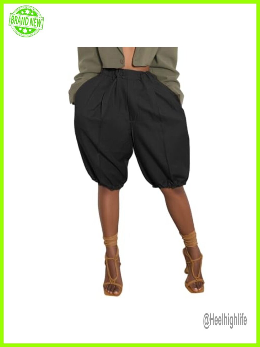 High Waisted Pleated Balloon Bermuda Shorts Wide Leg Elastic Cuff Pockets